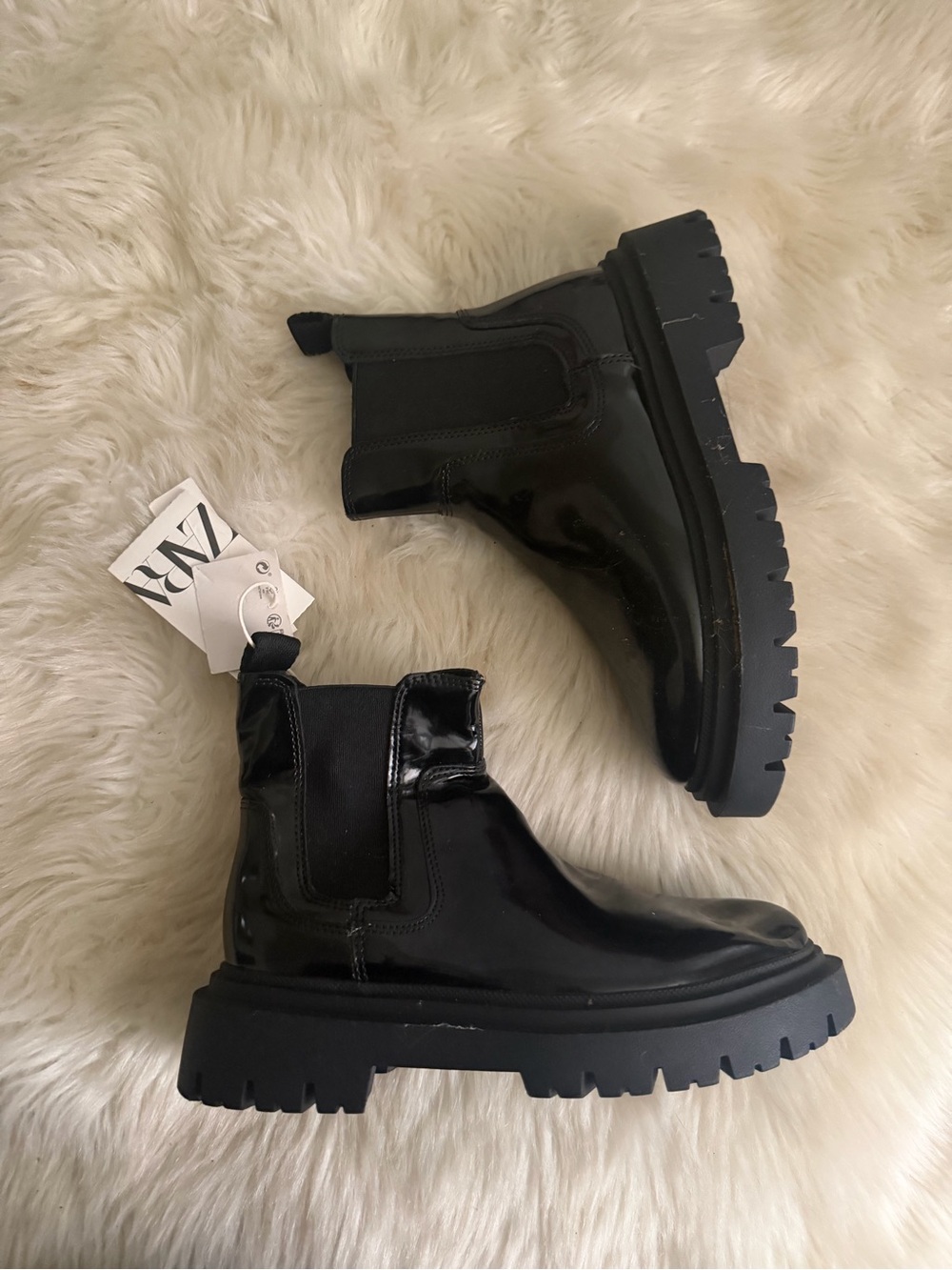 ZARA Black Patent Chelsea Lug Boots